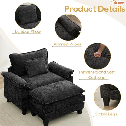 URRED Modular Sectional Sofa Comfy Cloud Couch, Modern Chenille Sofa Sleeper Deep Seat Couches with Ottoman/Pillows for Living Room (Black, 53''- Ottoman)