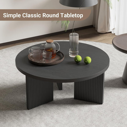 Wooden Round Coffee Table, 35" Coffee Table with Smooth Thick Mesa, Low Circle Center Table with X Shaped Stable Legs, Accent Tea Table for Living Room, Office, Black