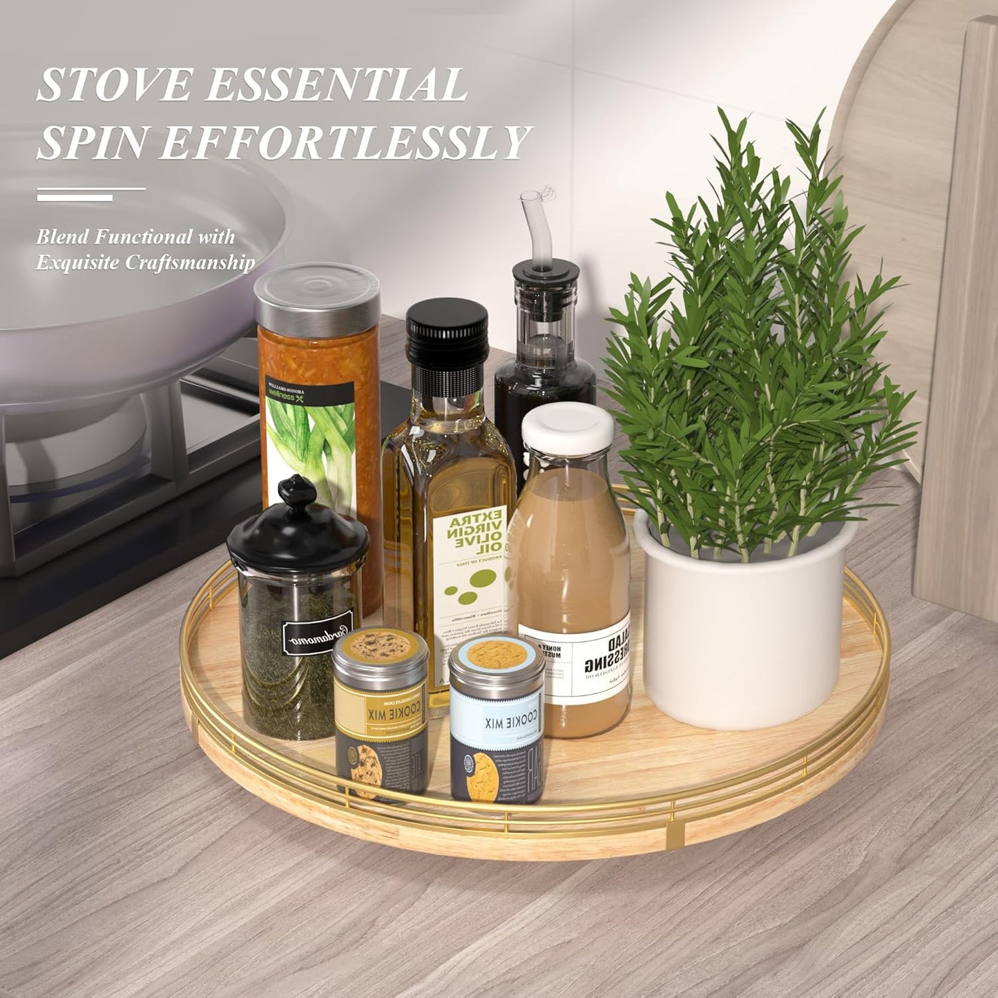 16 Inch Rustic Lazy Susan Turntable – Solid Oak & Iron Wood Rotating Tray for Dining Table, Kitchen Counter, Coffee Table – Farmhouse Style Large Wooden Lazy Susan Organizer for Home Décor