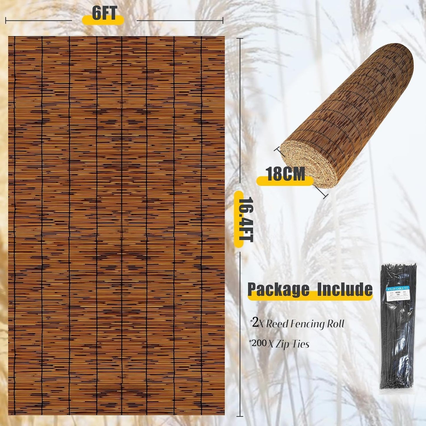 2PACK Natural Reed Fencing 6FT X 16.4FT Reed Fence 6FT High Balcony Reed Fence Privacy Reed Screen for Outdoor Backyard Patio(Brown)