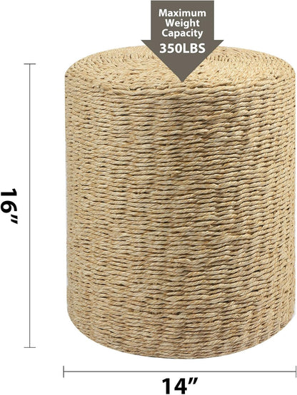 Cplxroc Pouf Ottoman, 100% Handwoven Seagrass Braided Pouffe, Boho Decor Floor Chair for Couch or Desk, Outdoor Ottomans for Garden, Round Footrest with Wood Frame, Home Decorative Seat for Balcony