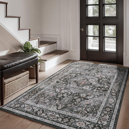 AMOAMI-3X5 Area Rug-Soft Washable Rugs for Living Room Bedroom -Non Slip Entryway Rug-Indoor Vintage Throw Rug Accent Rug for Living Room Laundry Room Kitchen Bathroom Bedside Dark Grey & Black