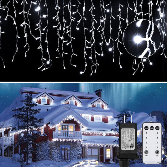 Led Icicle Christmas Lights Outdoor, 19.6 Feet 54 Drops with 306 Led, 8 Modes Timing Connectable Twinkle Decor Fairy String Lights for Patio Indoor Outside Hanging Icicle Lights, Pure White