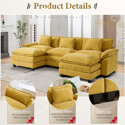 URRED Modular Sectional Sofa Comfy Cloud Couch, Modern Chenille Sofa Sleeper Deep Seat Couches with Ottoman/Pillows for Living Room (Yellow, 117'' - U Shape)