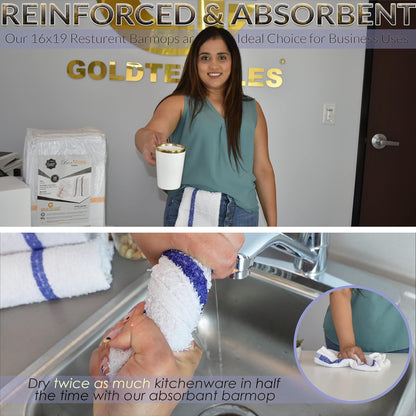 GOLD TEXTILES New Cotton Blend White Restaurant Bar Mops Kitchen Towels (12, White)