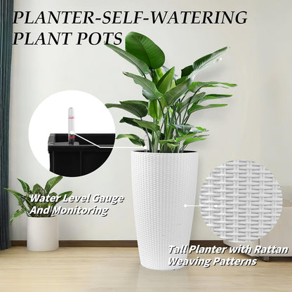 2Pack 22" High Modern Plant Pots Planter-Self-Watering Indoor/Outdoor Planting with Drain Holes, Water Level Monitor, Inner Bucket for Front Porch Patio, White Rattan Conical