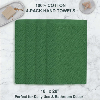 Green Hand Towels for Bathroom (4PC, Large 18"x28") - 100% Cotton | Quick Dry | Light Weight | Thick | Soft | Absorbency, Hand Towels for Showering, Bathroom Essentials Set, Hunter Green