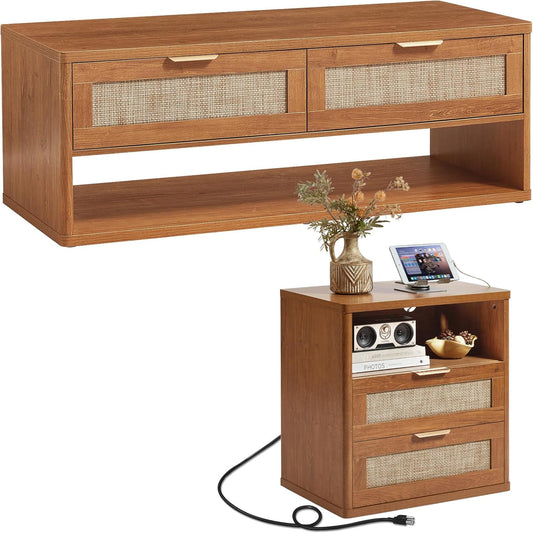 LEYAOYAO Boho Rattan Coffee Table and End Table Sets, 48" Wide Center Tables & 23" Night Stand with Charging Station Chest of Drawers, Brown Wood Coffee Table for Living Room 2 Piece Set