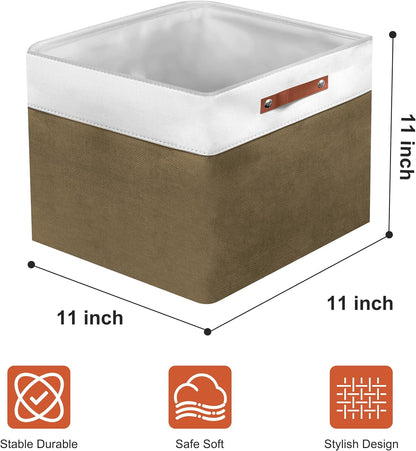 11in Open Fabric Storage Basket with Leather Handles for Organizing, Collapsible Linen Closet Bins for Shelves, Closets, Laundry, Decorative Basket for Gifts. (White＆Brown, 3PCS/11x11in)
