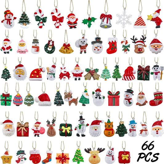 WILLBOND 66 Pieces Mini Resin Christmas Ornaments Christmas Tree Ornament with 65.6 Feet Gold Embroidery Thread for Xmas Hanging Decoration