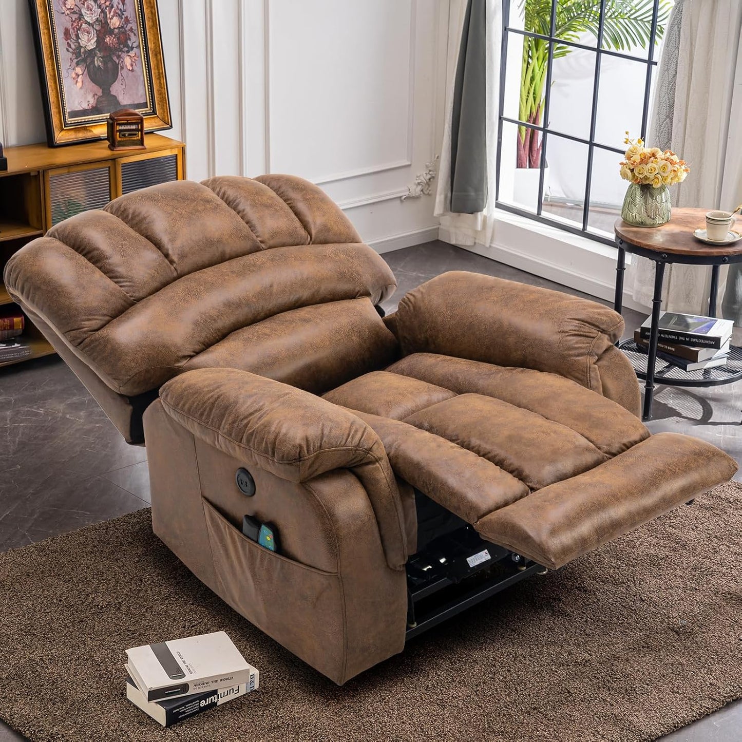 VIVIJASON Large Dual OKIN Motor Power Lift Recliner Chair for Elderly Big Man, 180° Lay Flat Electric Recliner with Heat & Massage, Infinite Position, 2 Remote Controls, Side Pockets & USB Port, Brown