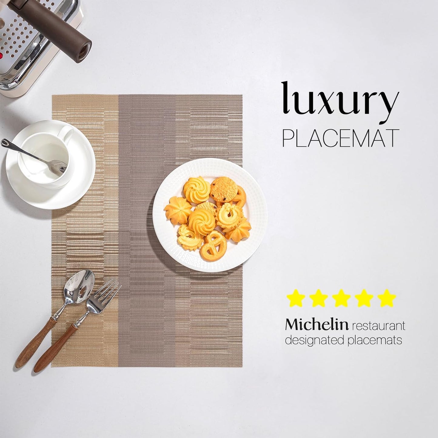 LEXMORE Placemats Set of 6 Vinyl/Plastic Woven Place Mats for Kitchen Table Indoor/Outdoor Washable Placemat Wipeable Dining Table Mats(Gold Dune)