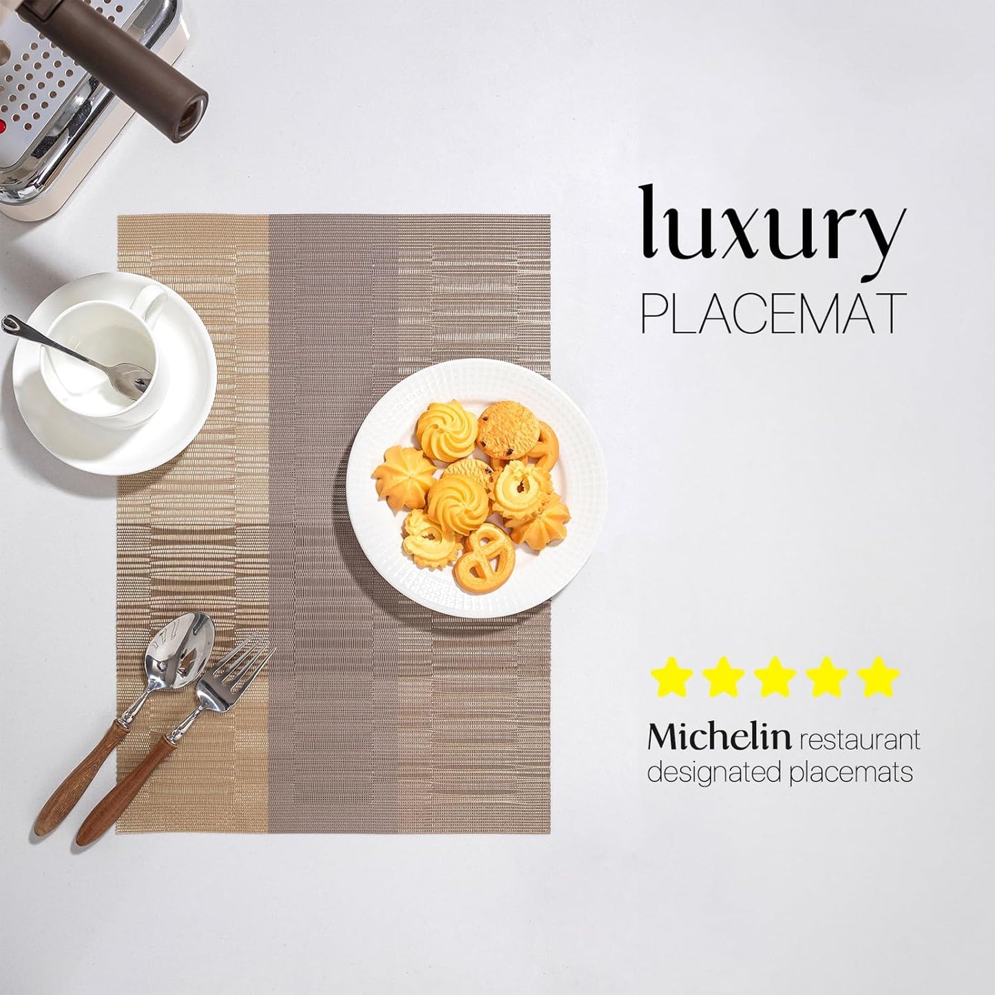 LEXMORE Placemats Set of 4 Vinyl/Plastic Woven Place Mats for Kitchen Table Indoor/Outdoor Washable Placemat Wipeable Dining Table Mats(Gold Dune)