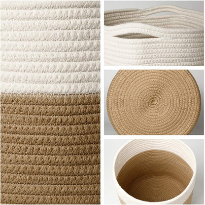 11" Cotton Rope Plant Basket Modern Woven Baskets for 10" Flower Pot Floor Indoor Planters,Storage Organizer Baskets Home Decor,Brown White 11"x 11"