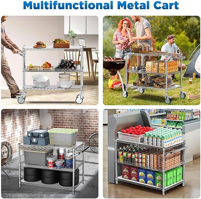Leteuke 1120LBS Heavy Duty Rolling Utility Cart,3 Tier Rolling Carts with Wheels,NSF Commercial Grade with Handle Bar & Shelf Liners,45"x25"x39"Storage Cart for Kitchen,Restaurant,Plant Display,Chrome