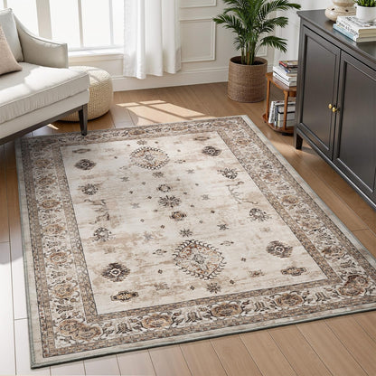 AMOAMI-Vintage Area Rug 3x5 Brown Rugs for Living Room-Soft Washable Rug Non Slip Entryway Rug Indoor Vintage Throw Accent for Bedroom Laundry Room Dining Bathroom Bedside