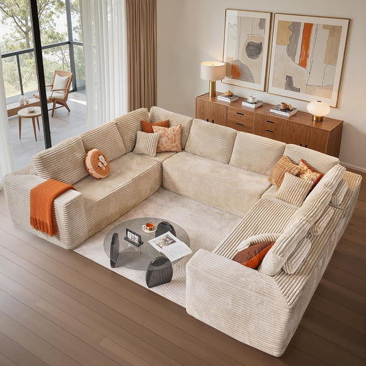 Cloud Sectional Couches for Living Room,U Shaped Modular Sofas No Assembly,135x107 Inches Plush Corduroy Oversized Floor Couch Set with Deep Seat Chaise,Beige