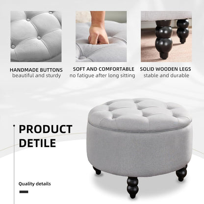 Fabric Round Ottoman with Storage, Upholstered Tufted Storage Footstool, Modern Wooden Coffee Table for Living Room, Bedroom,Light Grey