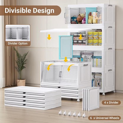 BROVIEW 800 Qt Plastic Storage Bins with Lid, Doors & Wheels, 4Pack Extra Large Stackable Collapsible Storage Bins, Closet Organizers and Storage Drawer, Foldable Cabinets for Home Office, White