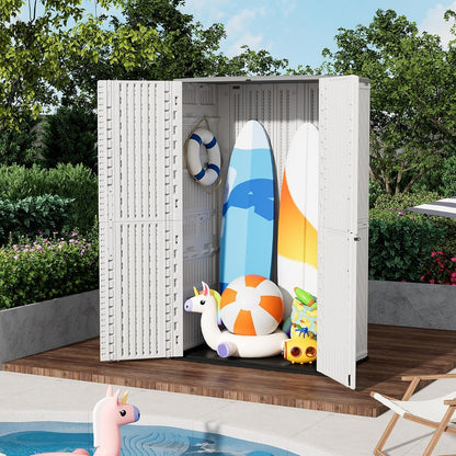 ZZM Resin Outdoor Storage Shed, 67 Cu.ft Vertical Resin Tool 4x6 FT Cabinet w/o Shelf for Garden, Patio, Backyard, All-Weather Outdoor Plastic Storage Clearance, Lockable with Floor (Light-White)