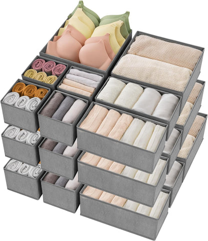 Criusia Drawer Organizer Clothes, 24 Pack Underwear Drawer Organizers, Foldable Closet Organizers and Storage Dresser Drawer Dividers Clothing Organizer for Clothes, Socks, Scarves, Bra, Ties (Grey)