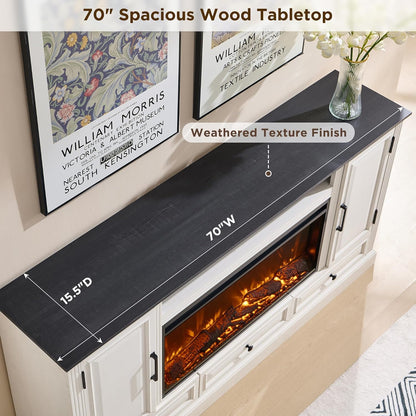 Fireplace TV Stand for 80 Inch TV, 35.7" Tall Farmhouse Entertainment Center W/36'' Electric Fireplace, Media Console with Large Storage Cabinets and Drawers for Living Room, Antique White