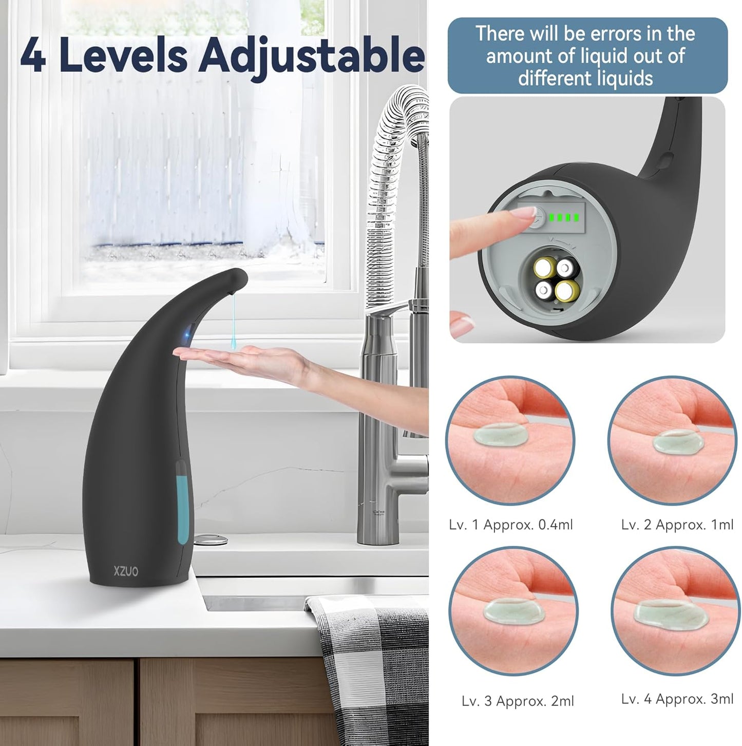 Automatic Soap Dispenser with Infrared Sensor - Adjustable 4-Level Touchless Hand Soap for Kitchen, Bathroom - Battery Operated Electric Dispenser, Durable Plastic, Smart Soap Holder (Black)