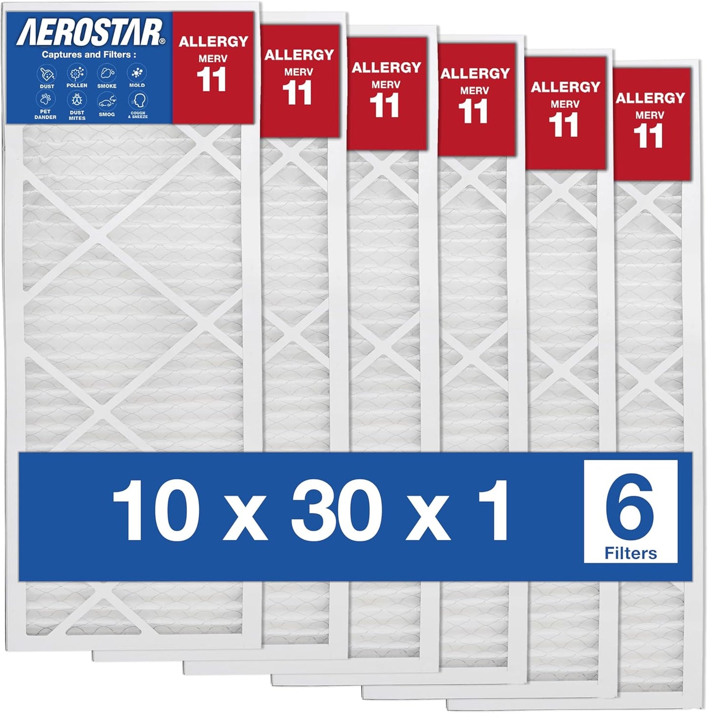 Aerostar Air Filters 10x30x1 MERV 11,Healthier Air For Your Home, 10" x 30" x 3/4", Box of 6