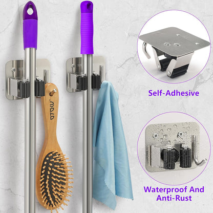 Broom Holder Wall Mount Screw Drilling, Sturdy Heavy Duty Stainless Steel Mop Gripper Rack Perforated, Perfect for Laundry Room Organizer, Fit with Laundry Kitchen Garage Garden Storage System