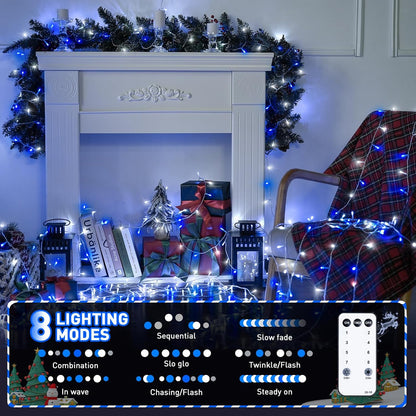 JMEXSUSS Connectable Blue and White Christmas Lights, 8 Modes 100 LED Twinkle String Lights Indoor, Clear Wire Plug-in Christmas String Lights Outdoor Waterproof