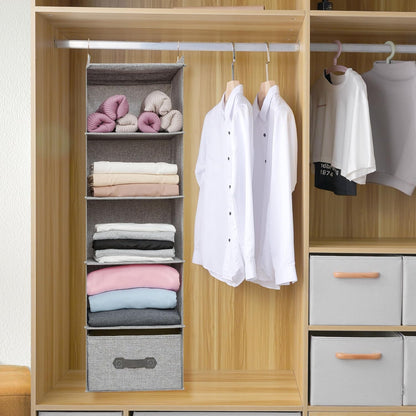 Large Hanging Sweater Organizer for Closet,Collapsible 6-Shelf Hanging Closet Shelves with Drawers, Washable (Grey-5 Shelf-1 d)