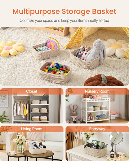 Small Woven Basket, 12 x 8 x 4.5 Inches, Storage Basket for Organizing, Cute Small Rope Shelf Closet Cube Storage Bins Baskets for Shelves, Dog Toy Gift Baskets Empty, 3 Pack Brown