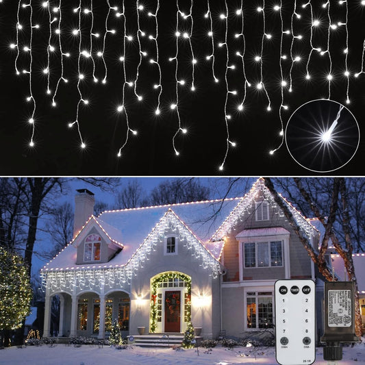 Brightown Christmas Icicle Lights Outdoor, 66 Feet 138 Drops with 736 LED, 8 Modes Waterproof Connectable Twinkle Fairy String Light for Christmas Thanksgiving Hanging Icicles (Pure White)