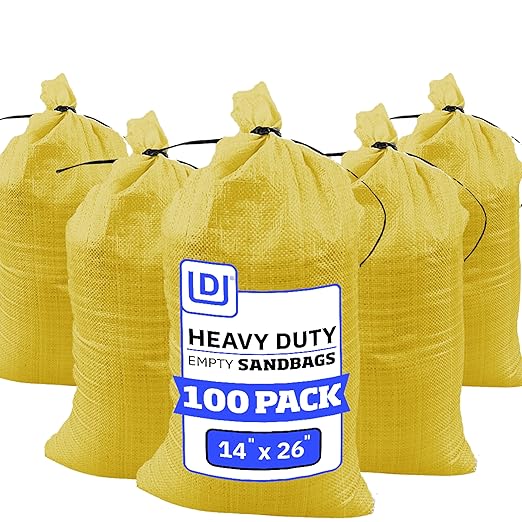 DURASACK Heavy Duty Sand Bags with Tie Strings Empty Woven Polypropylene Sand-Bags for Flood Control with 1600 Hours of UV Protection, 50 lbs Capacity, 14x26 inches, Yellow, Pack of 100