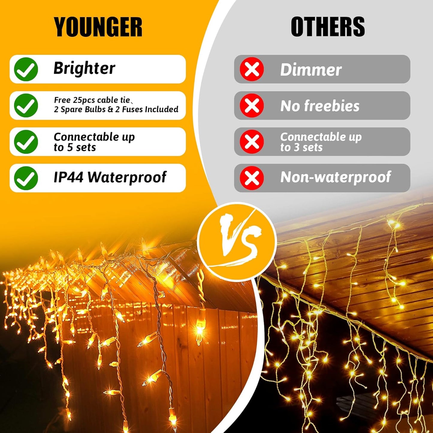 Icicle Lights Outdoor,Oopswow 23FT 200 Connectable Icicle Christmas Lights,Warm White Plug in Curtain String Lights for Indoor Wedding Party Holiday Xmas Yard Patio Window Decorations1