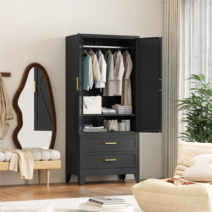 71'' Farmhouse Metal Wardrobe Cabinet with Hanging Rod, 2 Barn Door Wardrobe Closet with Adjustable Shelves,2 Drawer,for Dining Room,Bedroom,Living Room, Cloak Room,Office (Black)