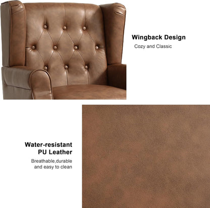 Accent Chair, Upholstered Armchair with Button Tufted High Back & Solid Wood Legs, Comfy Wingback Reading Single Sofa Chair for Small Spaces, Living Room, Bedroom (Leather Brown, Set of 1)