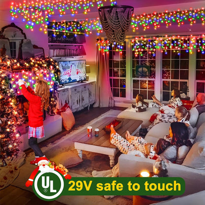 KNONEW Christmas Lights Outdoor Decorations 400 LED 33ft 8 Modes Curtain Fairy String Light with 75 Drops, Clear Wire LED String Light for Wedding Party Holiday Christmas Decorations Multicolor