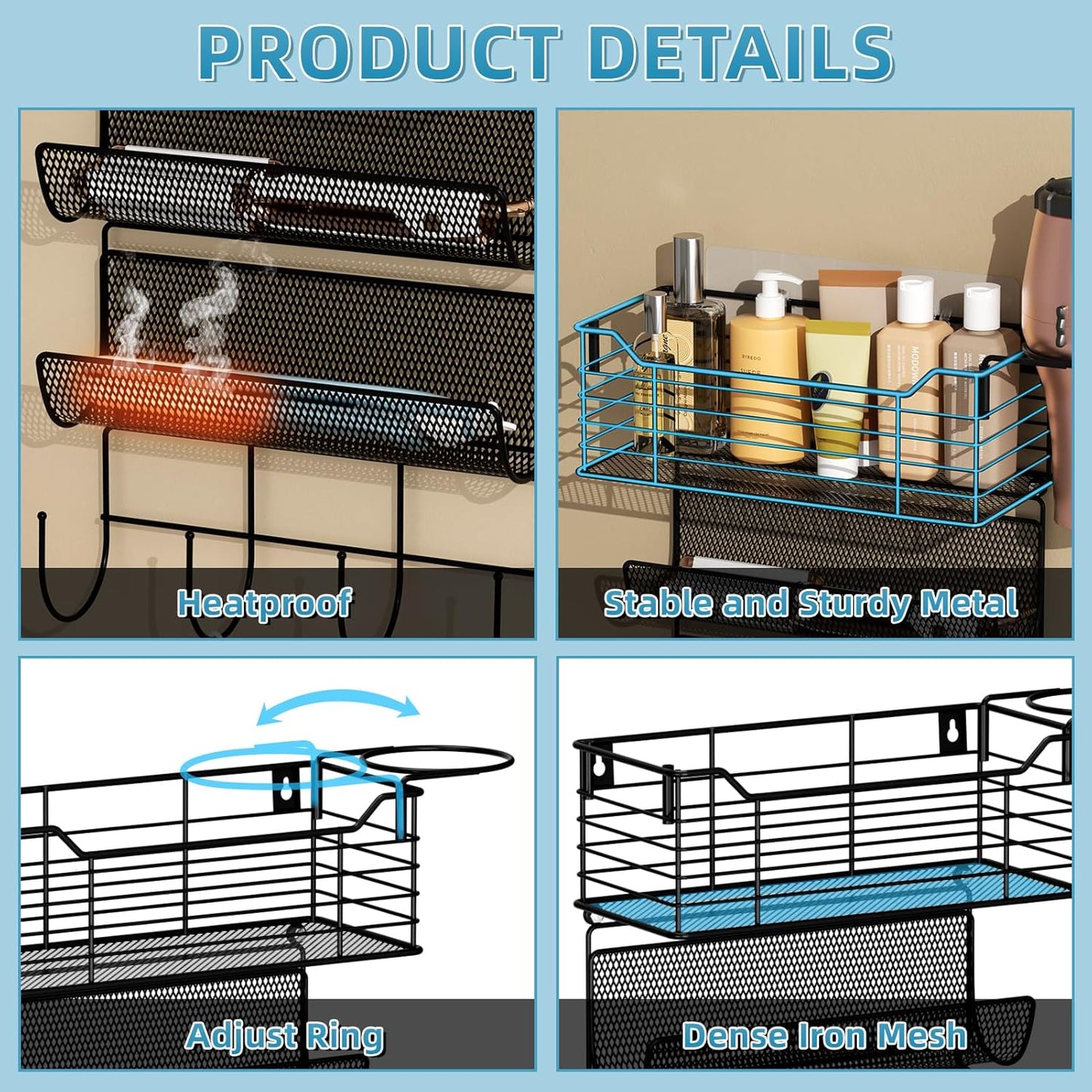 VITVITI Metal Hair Tool Organizer Wall Mount, Hair Dryer Holder with 4 Tier Shelf Basket Hooks, Bathroom Hair Styling Tool Organizer for Curling Iron/Blow Dryer/Straightener, Matte Black