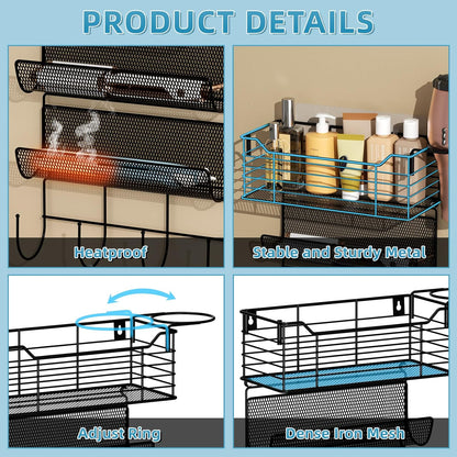 VITVITI Metal Hair Tool Organizer Wall Mount, Hair Dryer Holder with 4 Tier Shelf Basket Hooks, Bathroom Hair Styling Tool Organizer for Curling Iron/Blow Dryer/Straightener, Matte Black