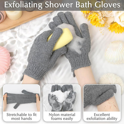 Anezus Exfoliating Back Scrubber Bath Gloves Set, Exfoliating Shower Towel with Shower Gloves for Body Scrub, Back Cleaner Wash Gloves to Remove Dead Skin (Grey)