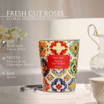 HomeLights 3-Wick Candles for Home Scented - 34oz Soy Wax Blend Candle Long-Lasting Fragrance, Bohemian Natural Textures Home Decor and Housewarming Gifts, Fresh Cut Roses