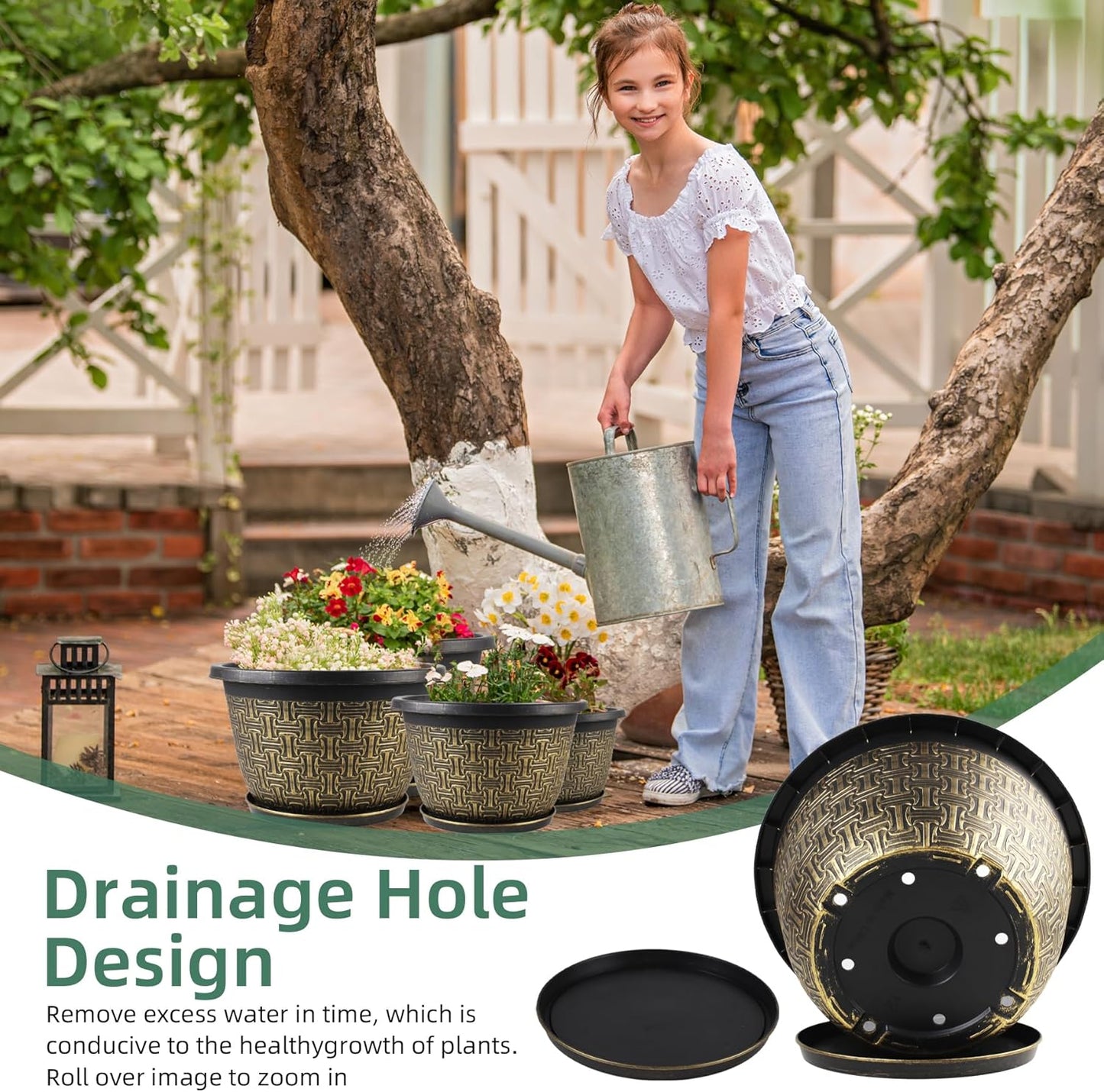 8 Inch Plant Pots, 4 Pack Flower Pot Outdoor with Drainage Holes & Trays, Retro Antique Imitation Decorative Garden Plastic Planters Pots for Plants Indoor Sets for Houseplants