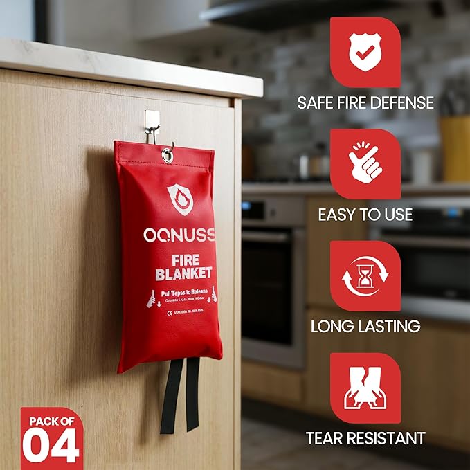 Emergency Fire Blanket 40x40 Inch - 4 Pack Fiberglass Fireblanket with Hook & Gloves | Fire Safety Blanket for Kitchen, Home, Garage, Camping