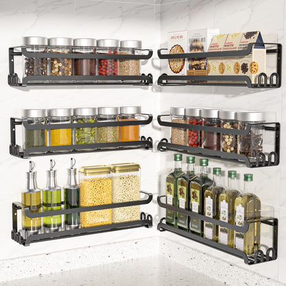 LUCYCAZ 6 Pack Wall Mounted Spice Rack with 22 Hooks, Spice Organizer Shelf for Stove Cabinet Pantry Door,Screw or Adhesive Spice Shelf Hanging Wall Spice Rack in Kitchen and RV (Black, 6 PACK)