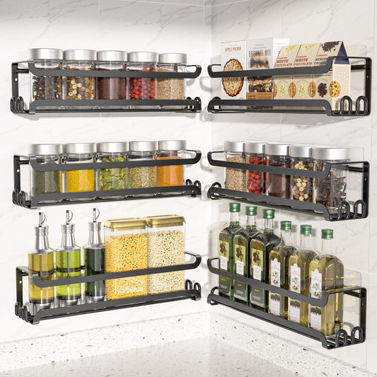 LUCYCAZ 6 Pack Wall Mounted Spice Rack with 22 Hooks, Spice Organizer Shelf for Stove Cabinet Pantry Door,Screw or Adhesive Spice Shelf Hanging Wall Spice Rack in Kitchen and RV (Black, 6 PACK)