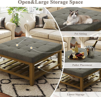 Large Square Ottoman Coffee Table, Linen Solid Upholstered Footrest Ottoman with Solid Wood Shelf Storage Tufted Coffee Table for Bedroom Living Room, Granite