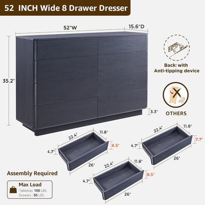 8 Drawer Dresser for Bedroom, 52 Inch Wide Modern Chest of Drawers, Push-to-Open Wood Storgae Organizer with Large Drawers for Bedroom, Living Room, Hallway, Black