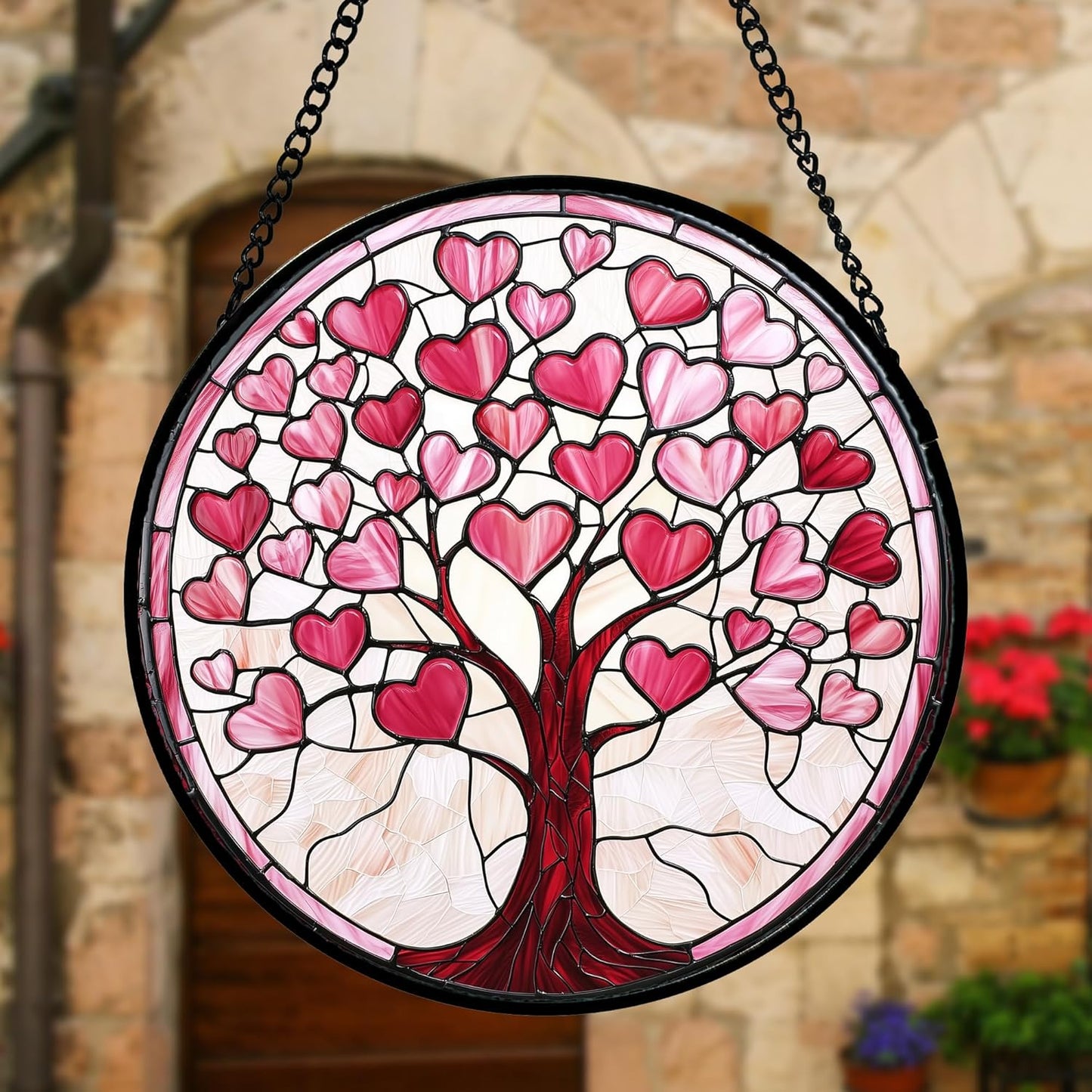 Stained Glass Window Hanging, Valentine's Day Gifts Pink Love Heart Tree Suncatcher Hangings Beige Sun Catchers Decor for Birthday for Women, Men, Wife, Aunt, Mom14.9 in