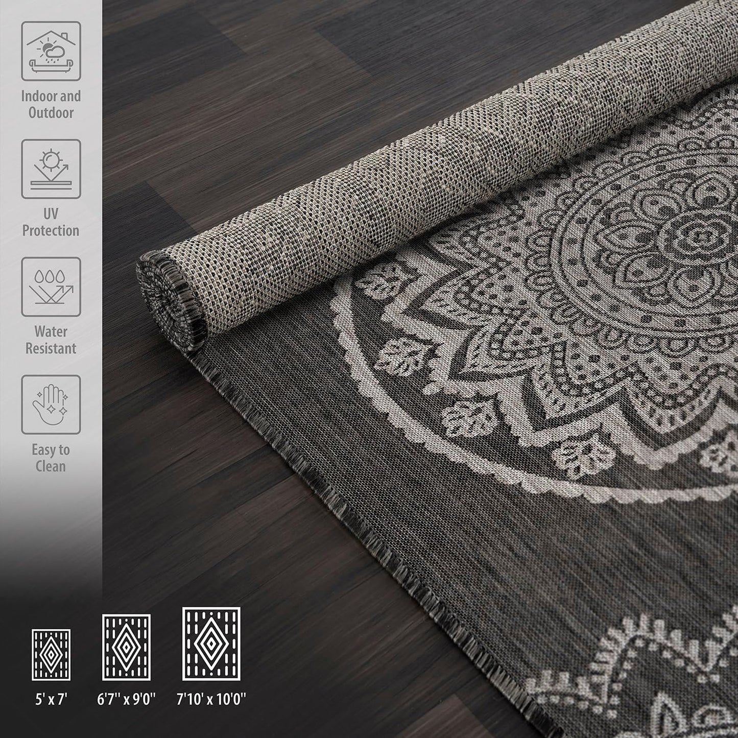 CAMILSON Outdoor Rug 6x9 Modern Area Rugs for Indoor and Outdoor Patios and Porches - Waterproof Washable Non-Shedding Easy-to-Clean Outside Carpet (6 x 9, Medallion - Dark Grey/Light Grey)